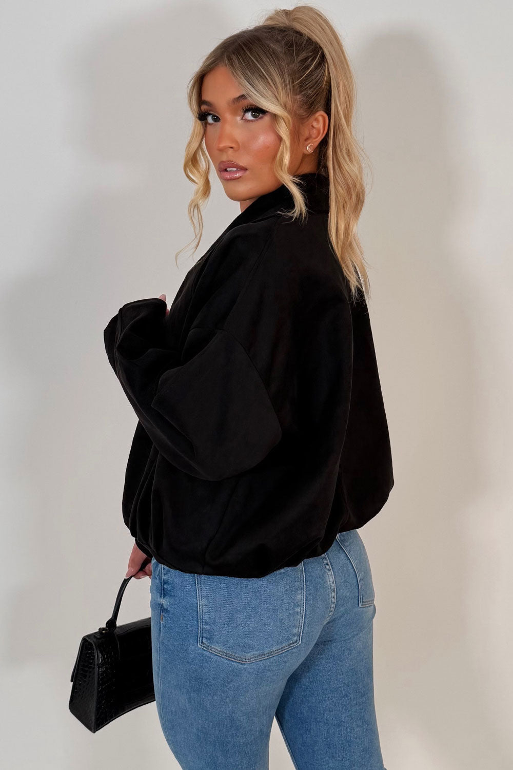 Faux Suede Jacket With Open Front Black