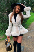 Faux Leather Faux Fur Belted Jacket Cream
