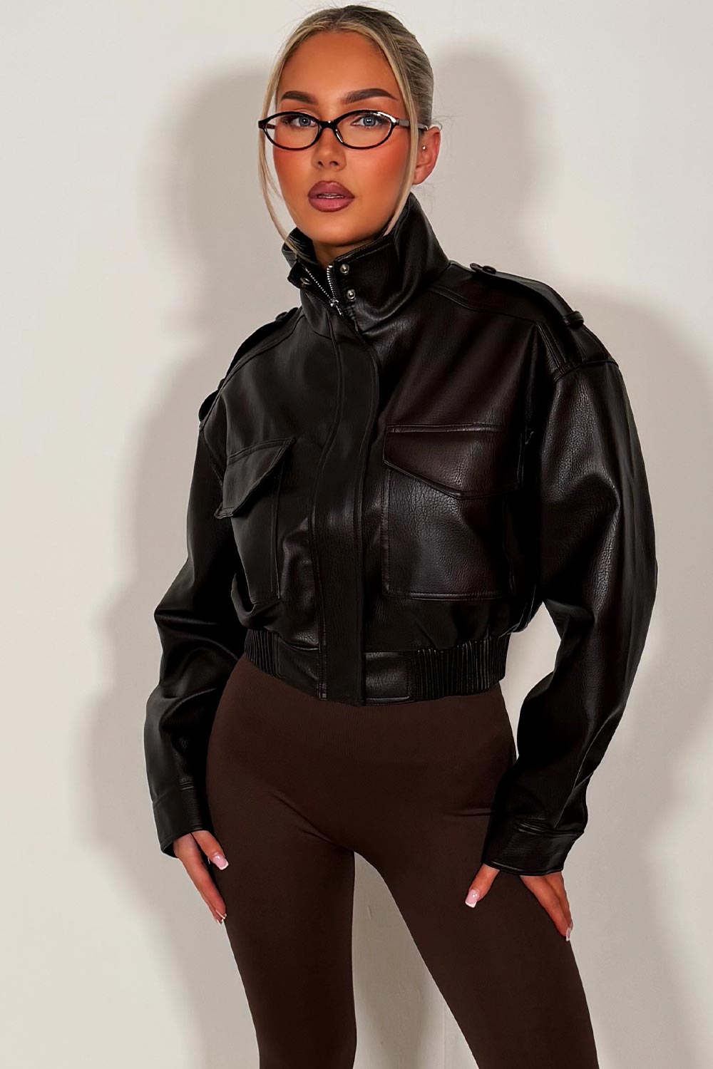 Faux Leather Jacket With Shoulder Tabs Brown