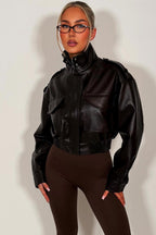 Faux Leather Jacket With Shoulder Tabs Brown