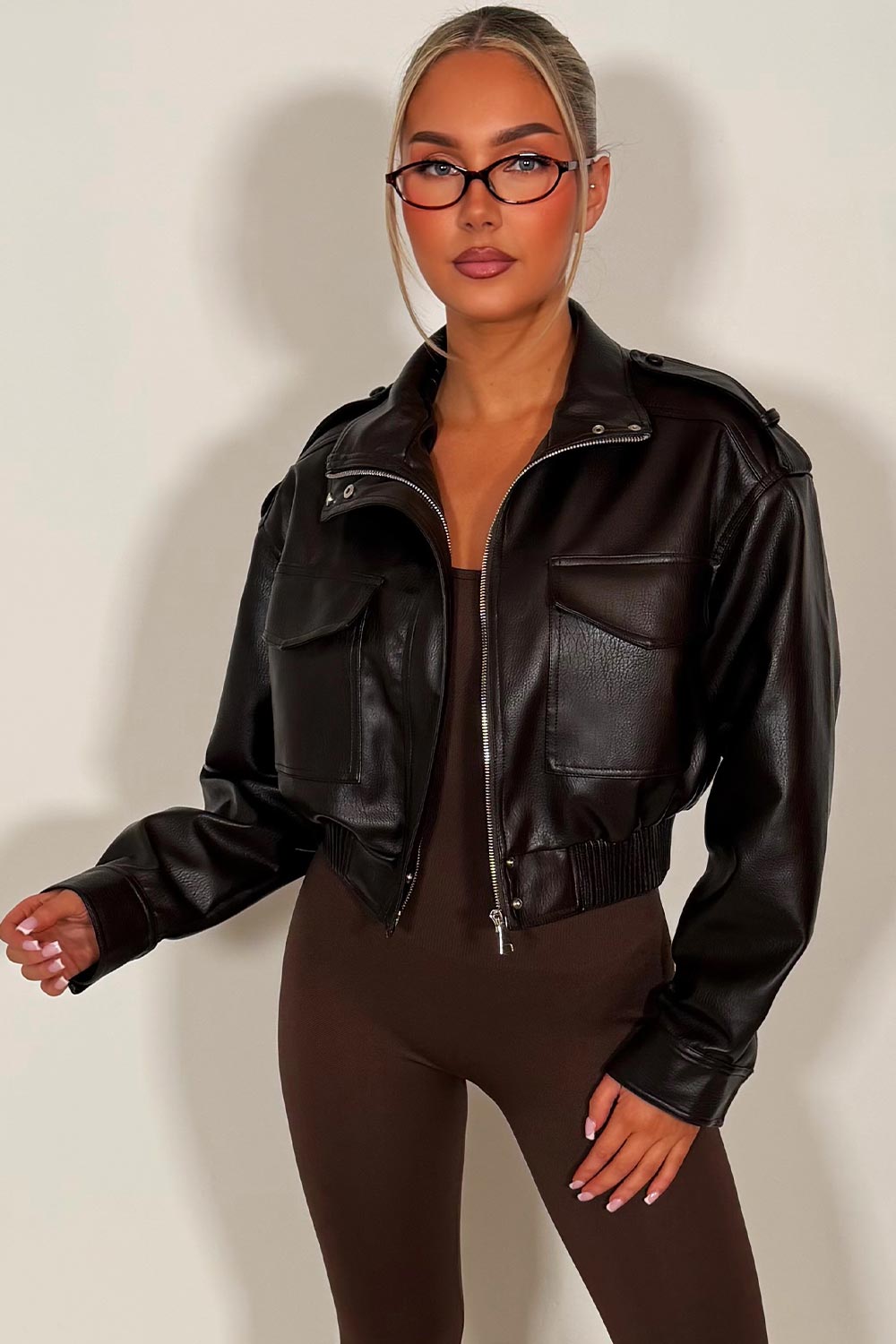 Faux Leather Jacket With Shoulder Tabs Brown