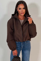 Brown Crop Padded Jacket With Hood