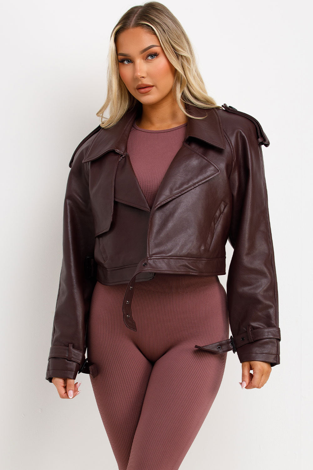 Burgundy Faux Leather Jacket With Tabs