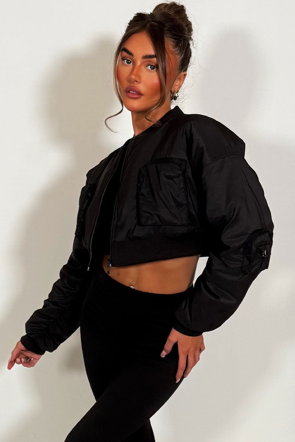 Crop Bomber Jacket With Pockets Black