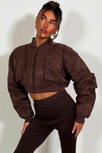 Crop Bomber Jacket With Pockets Brown
