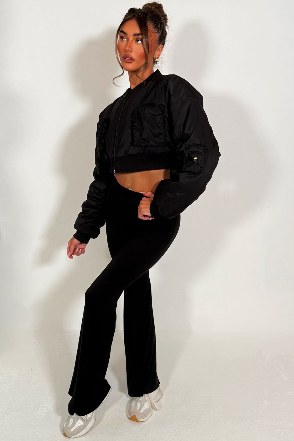 Crop Bomber Jacket With Pockets Black