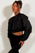 Crop Bomber Jacket With Pockets Black