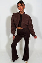 Crop Bomber Jacket With Pockets Brown