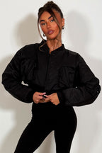 Crop Bomber Jacket With Pockets Black