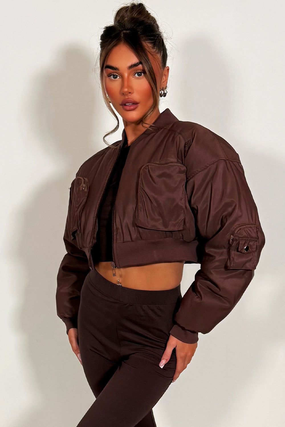 Crop Bomber Jacket With Pockets Brown