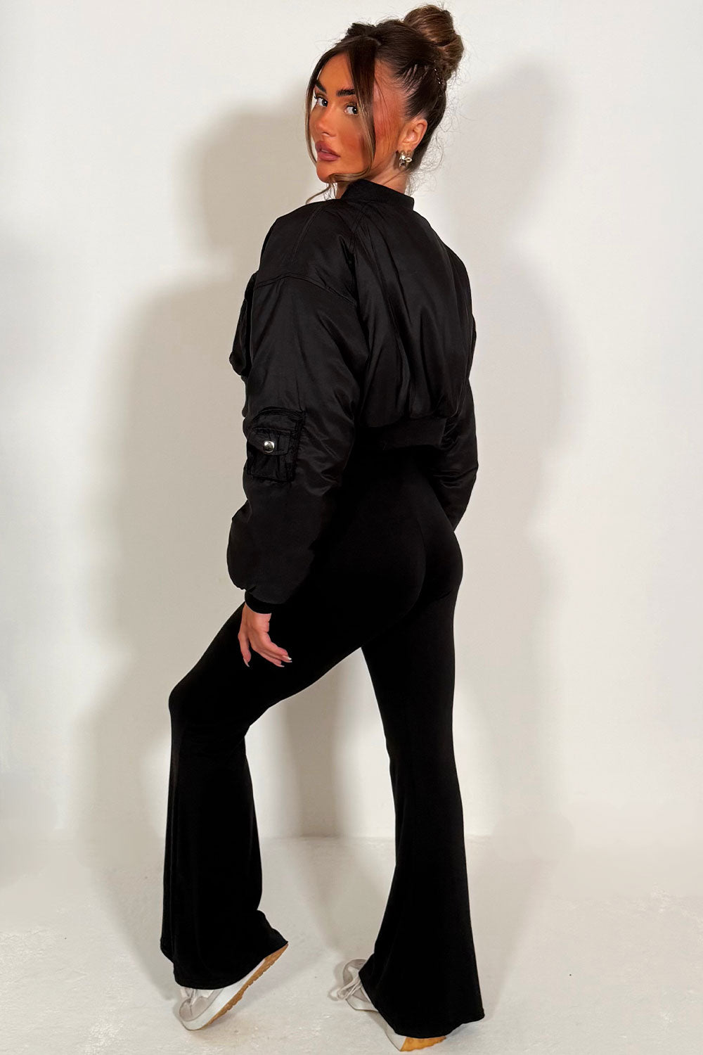 Crop Bomber Jacket With Pockets Black