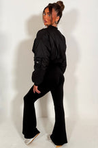 Crop Bomber Jacket With Pockets Black