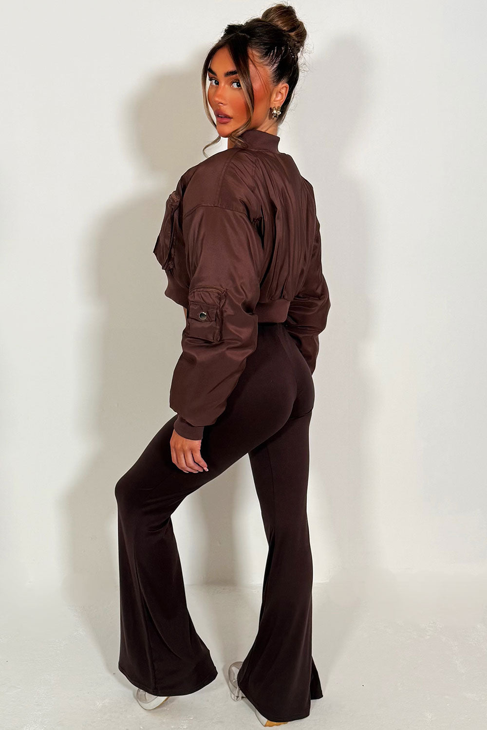 Crop Bomber Jacket With Pockets Brown