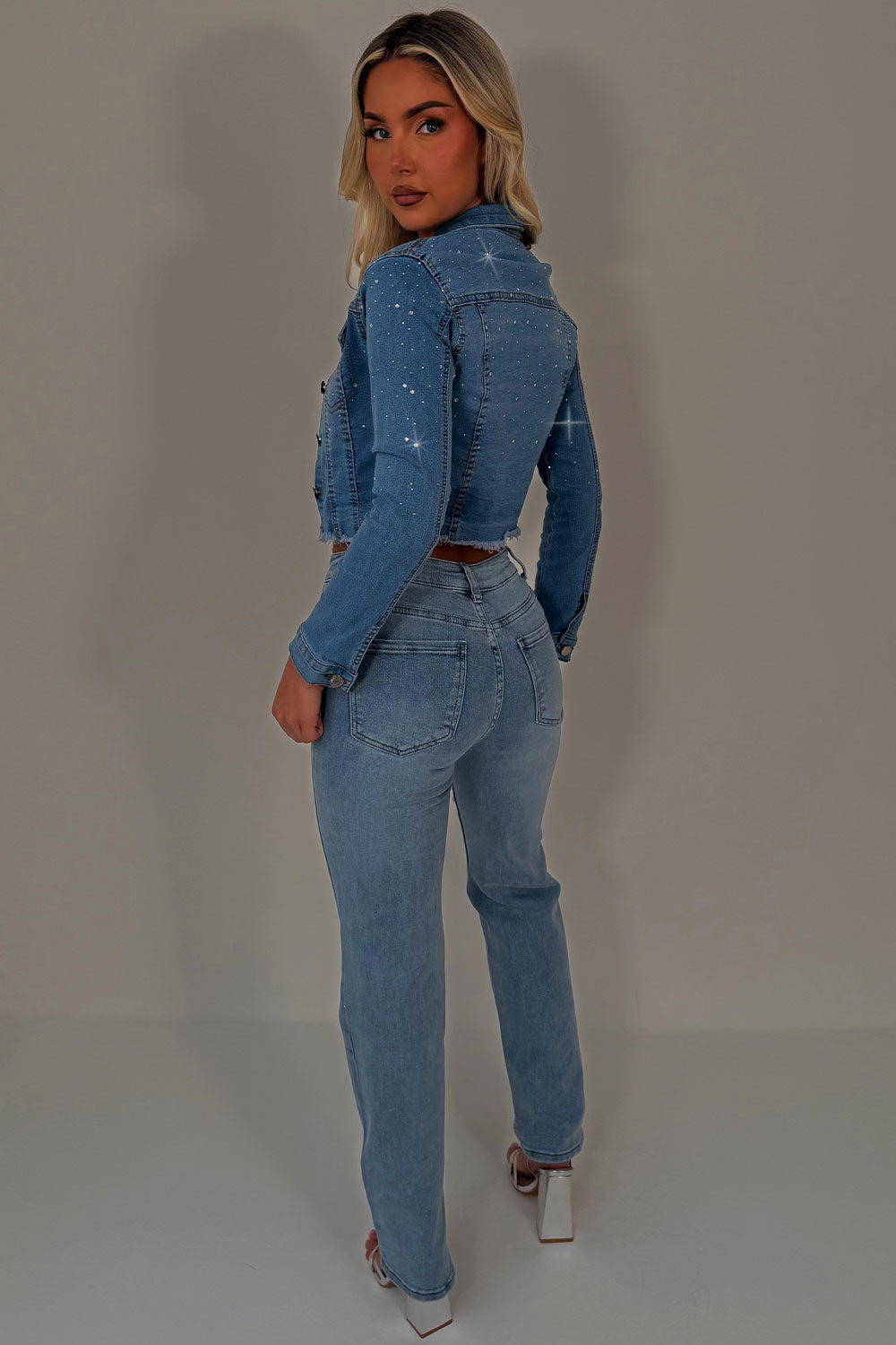 Diamante Rhinestone Crop Denim Blue Jacket