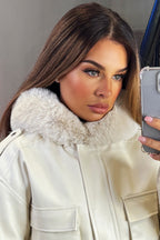 Faux Fur Bomber Jacket In Faux Leather Beige