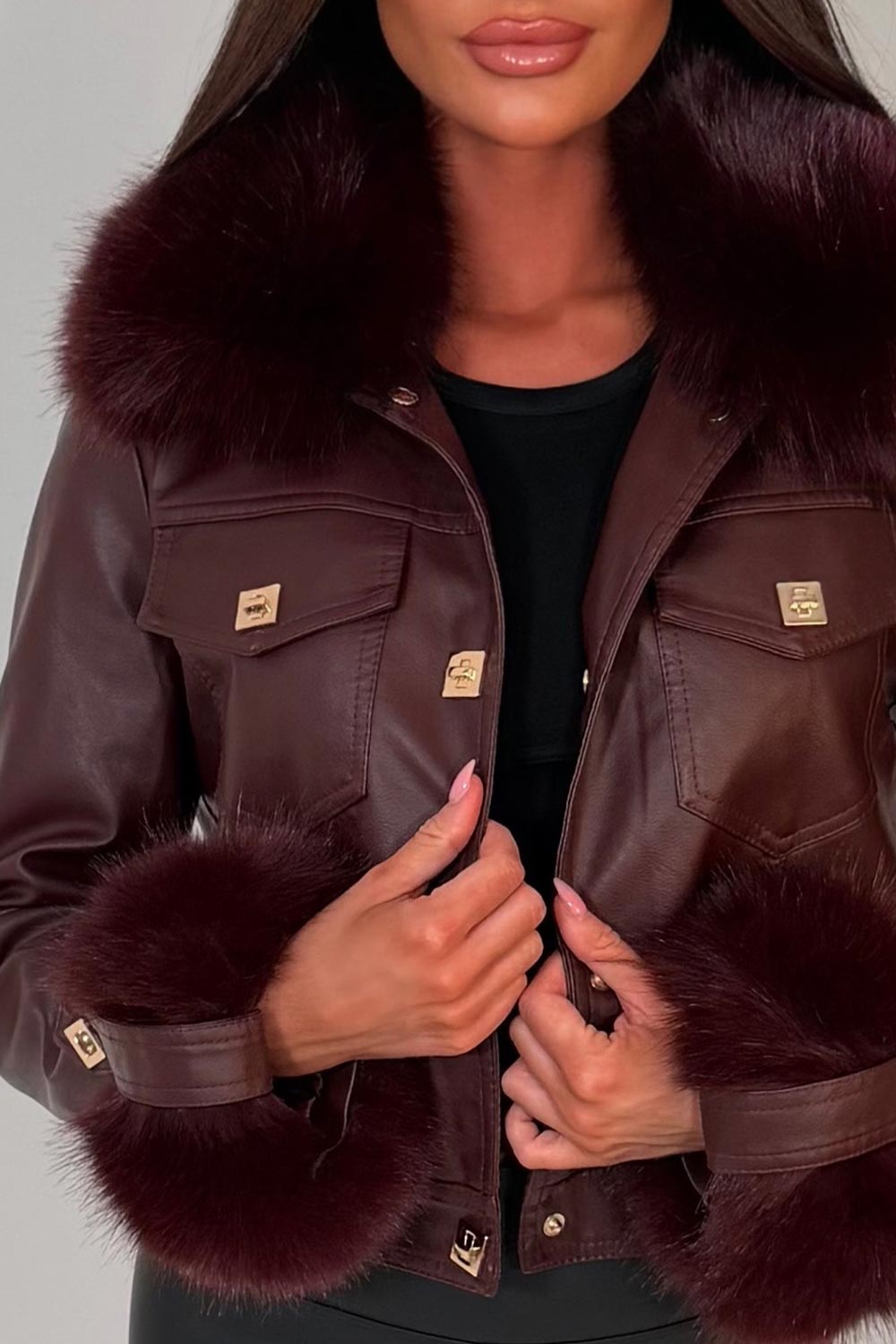Burgundy Faux Fur Faux Leather Bomber Jacket With Gold Button