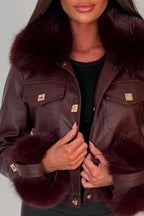 Burgundy Faux Fur Faux Leather Bomber Jacket With Gold Button