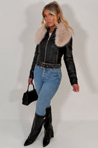 Beige Faux Fur Collar Jacket In Black Faux Leather With Belt