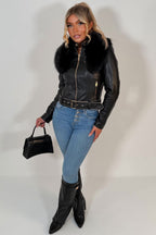 Black Faux Fur Collar Jacket In Faux Leather With Belt