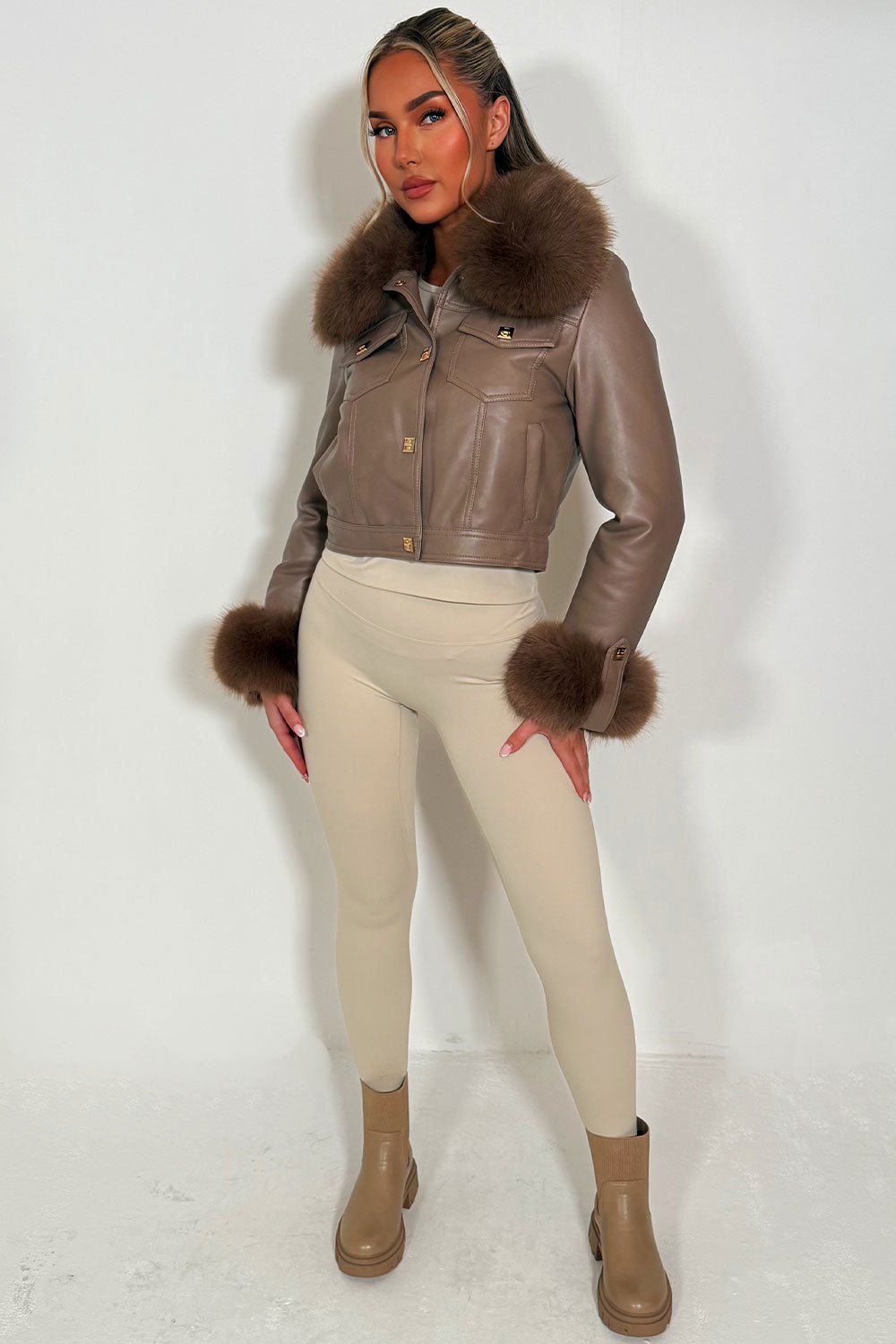 Taupe Faux Fur Faux Leather Bomber Jacket With Gold Button