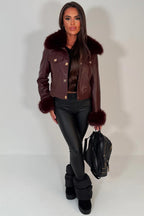 Burgundy Faux Fur Faux Leather Bomber Jacket With Gold Button