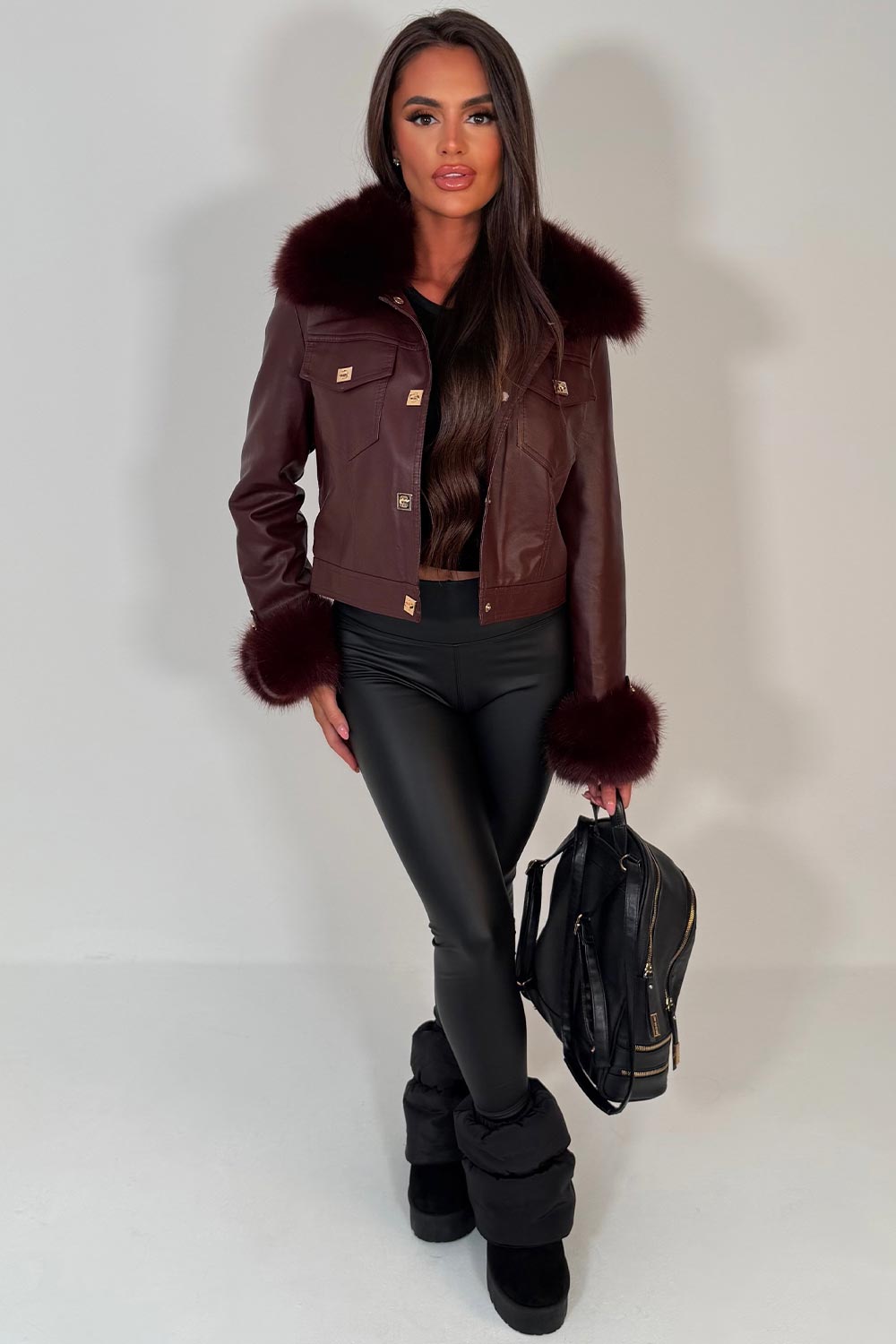 Burgundy Faux Fur Faux Leather Bomber Jacket With Gold Button