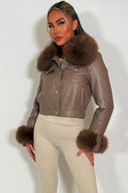 Taupe Faux Fur Faux Leather Bomber Jacket With Gold Button