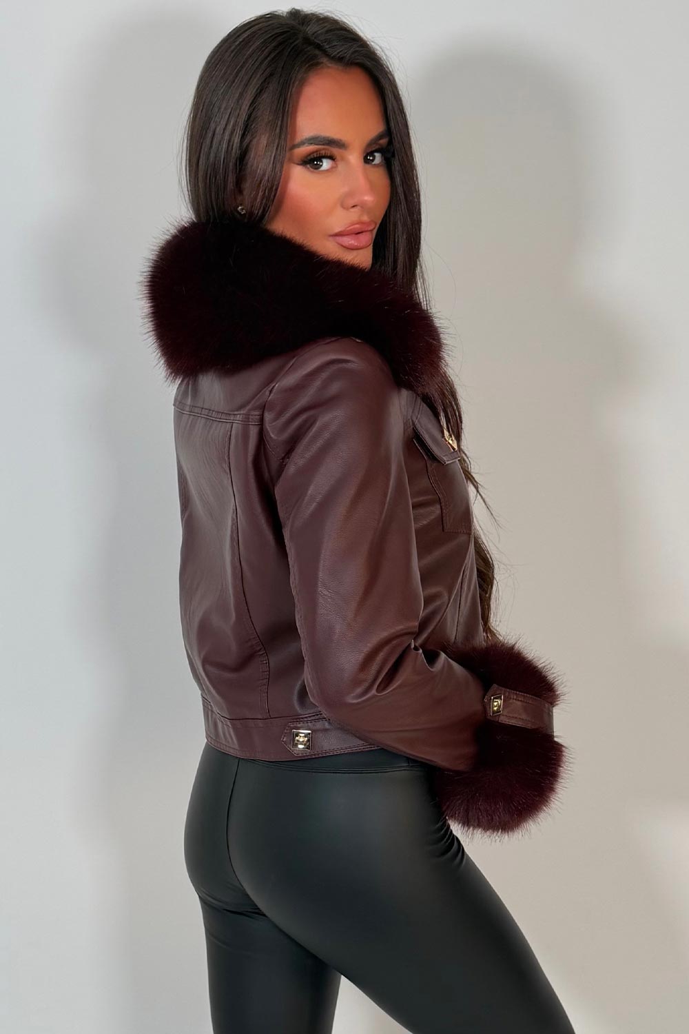Burgundy Faux Fur Faux Leather Bomber Jacket With Gold Button
