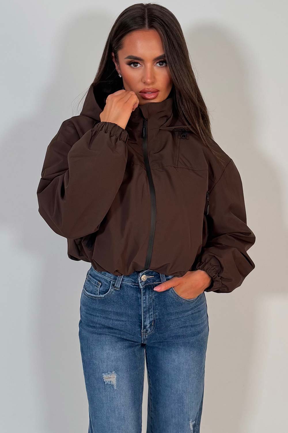 Brown Crop Padded Jacket With Hood
