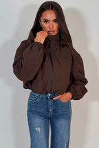Brown Crop Padded Jacket With Hood