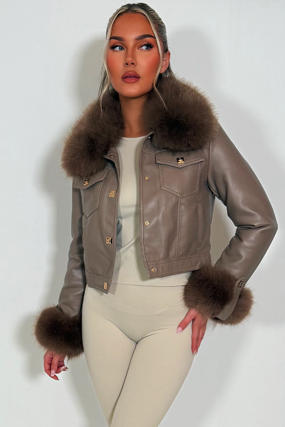 Taupe Faux Fur Faux Leather Bomber Jacket With Gold Button