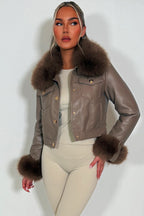 Taupe Faux Fur Faux Leather Bomber Jacket With Gold Button