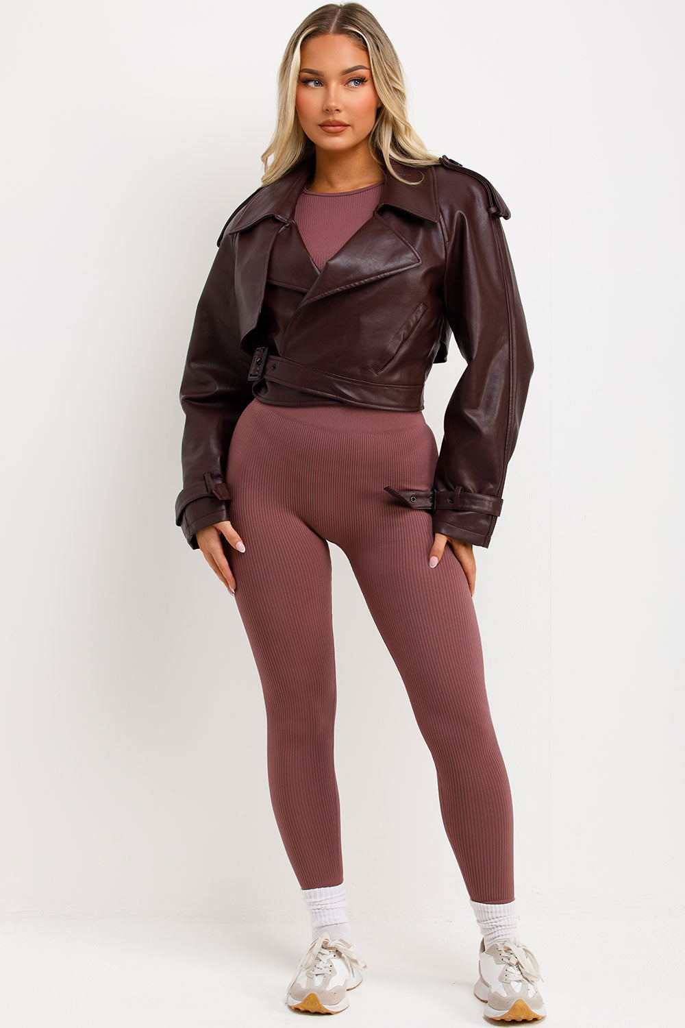 Burgundy Faux Leather Jacket With Tabs