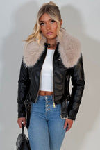 Beige Faux Fur Collar Jacket In Black Faux Leather With Belt