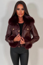 Burgundy Faux Fur Faux Leather Bomber Jacket With Gold Button