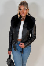 Black Faux Fur Collar Jacket In Faux Leather With Belt