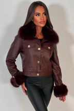 Burgundy Faux Fur Faux Leather Bomber Jacket With Gold Button