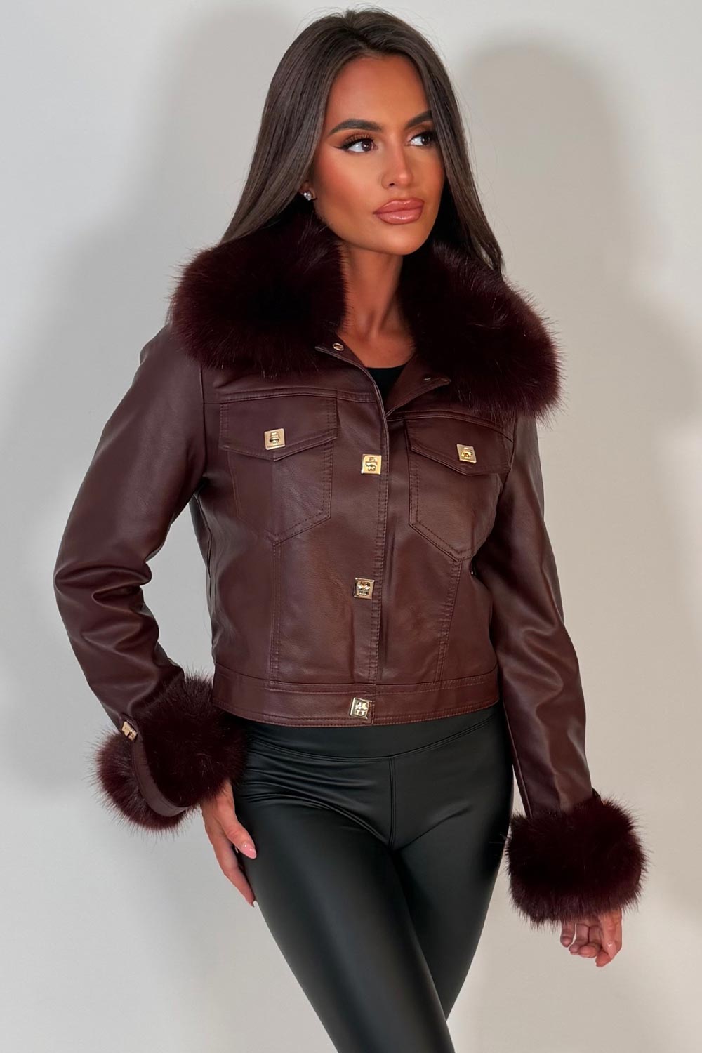 Burgundy Faux Fur Faux Leather Bomber Jacket With Gold Button