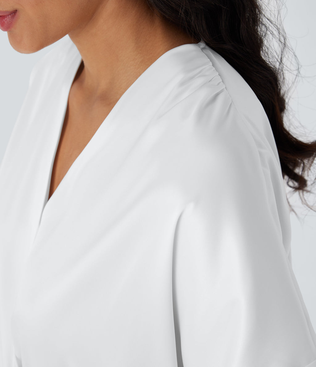 Crossover V-Neck Batwing-Sleeve Snap Satin Work Bodysuit