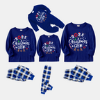 "2025 Christmas Crew" Text and Christmas Pattern Printed Blue and White Plaid Family Matching Pajamas