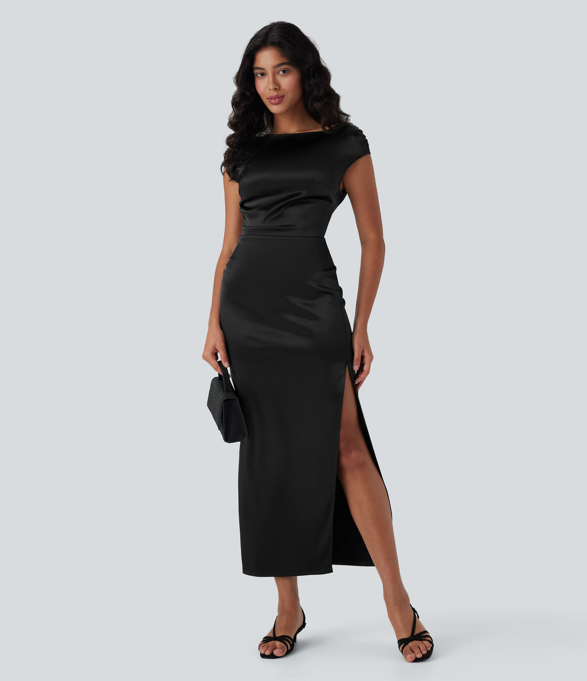 Boat Neck Cap Sleeve Ruched Satin Dress