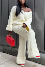 Pleated Knit Off Shoulder Long Sleeve Sweater Straight Leg Pants Matching Set-White