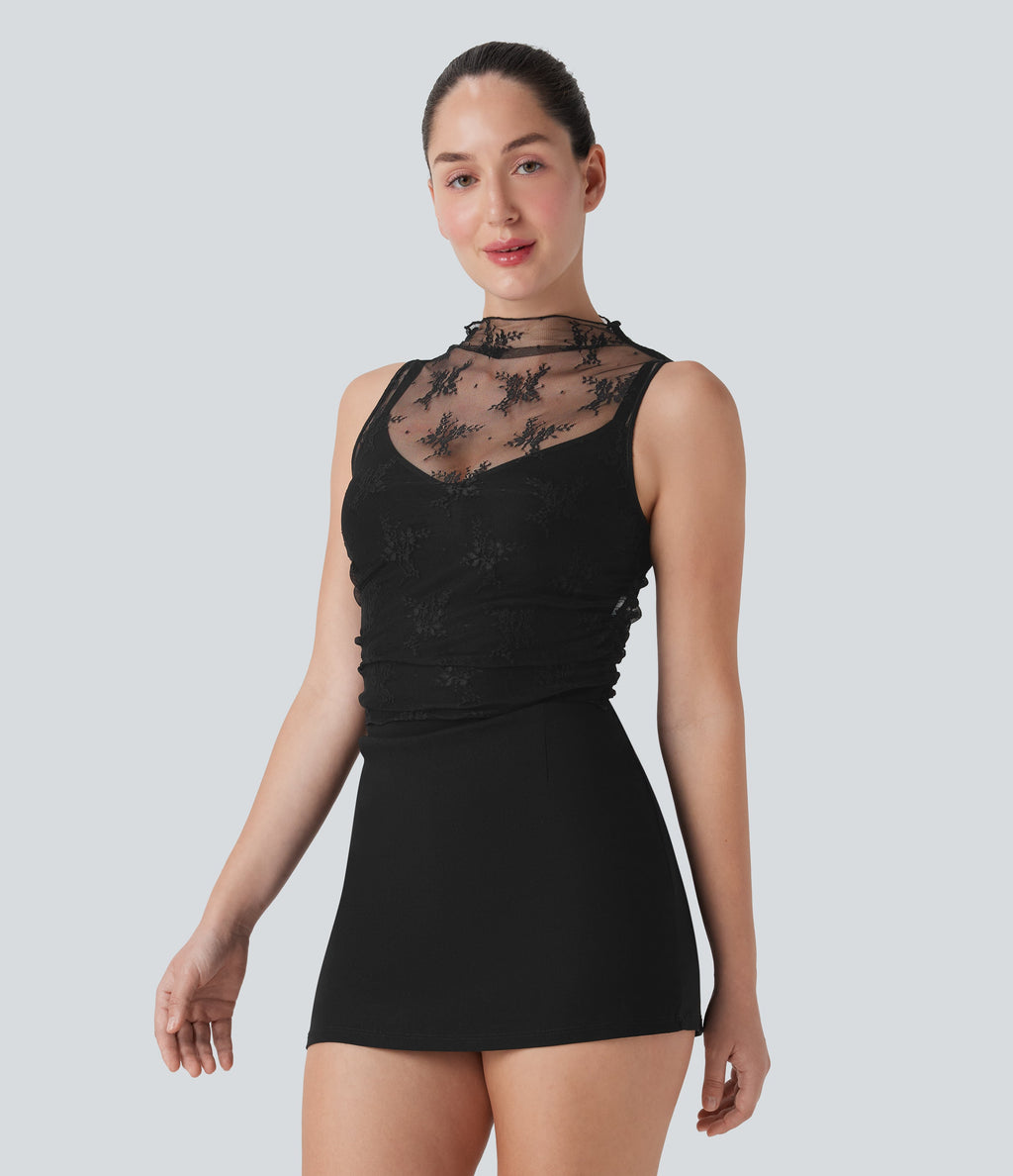 Mock Neck Sleeveless Ruched Cropped Sheer Lace Casual Top