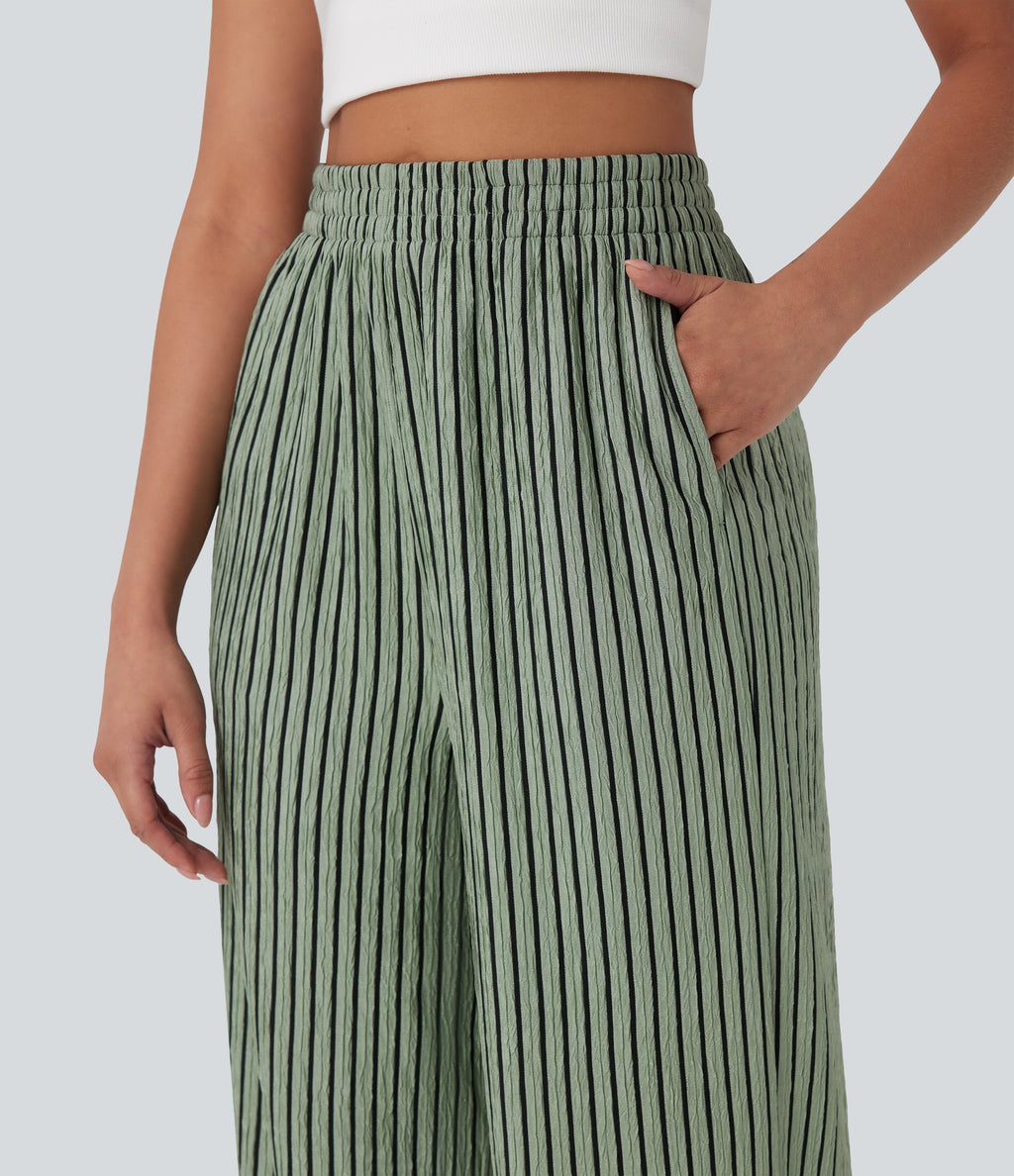 High Waisted Straight Leg Crinkle Casual Pants with Pockets