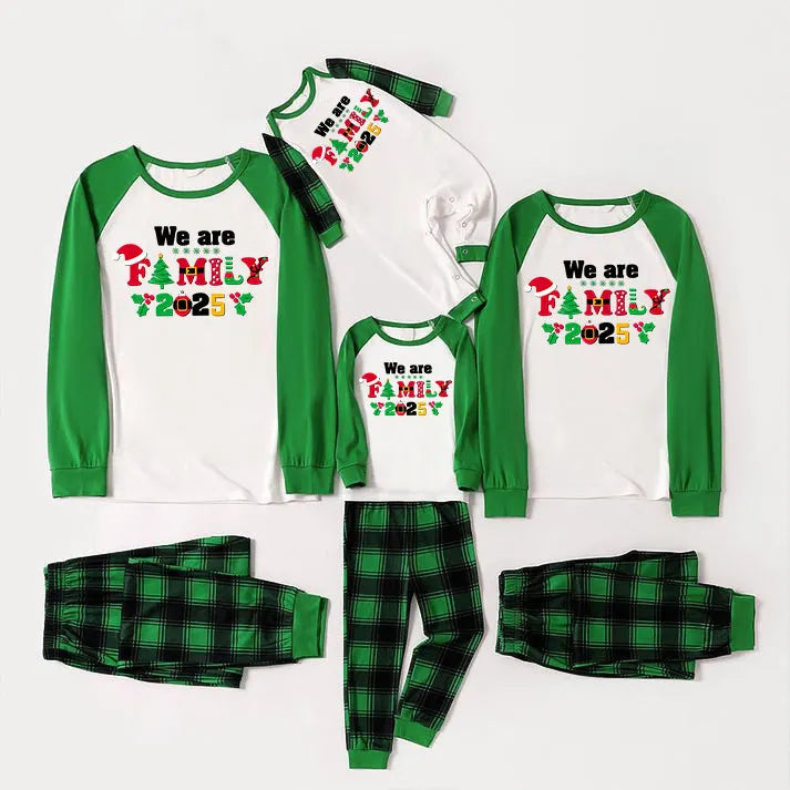 Christmas We are Family 2025 Letter Print Green Rotator Cuff Top With Green & Black Plaid Family Matching Pajamas