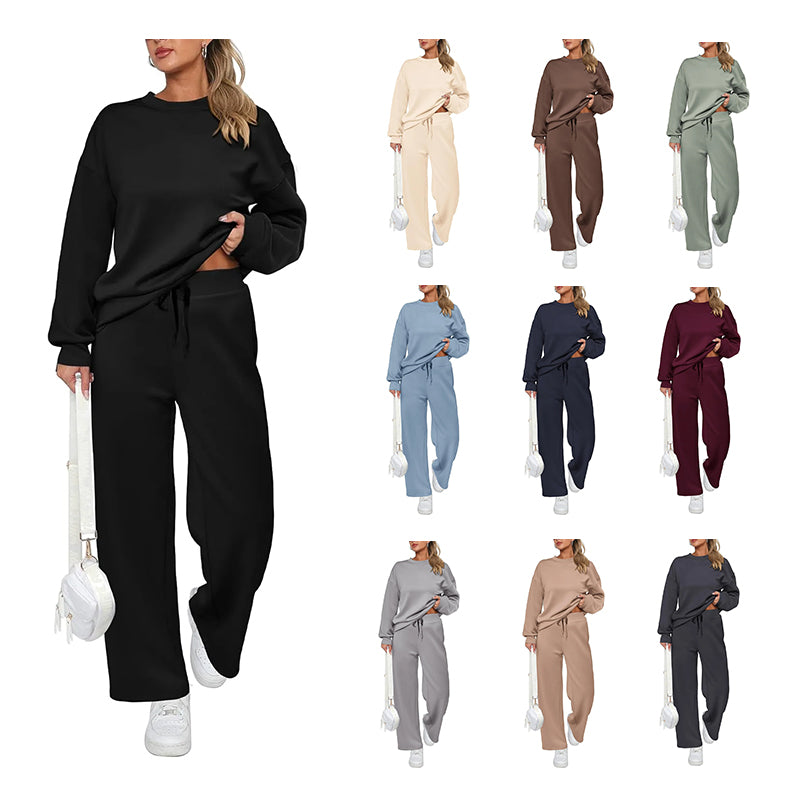 Women's Cotton Two-Piece Oversized Half-Zip Sweatshirt Wide Leg Sweatpants Casual Suit