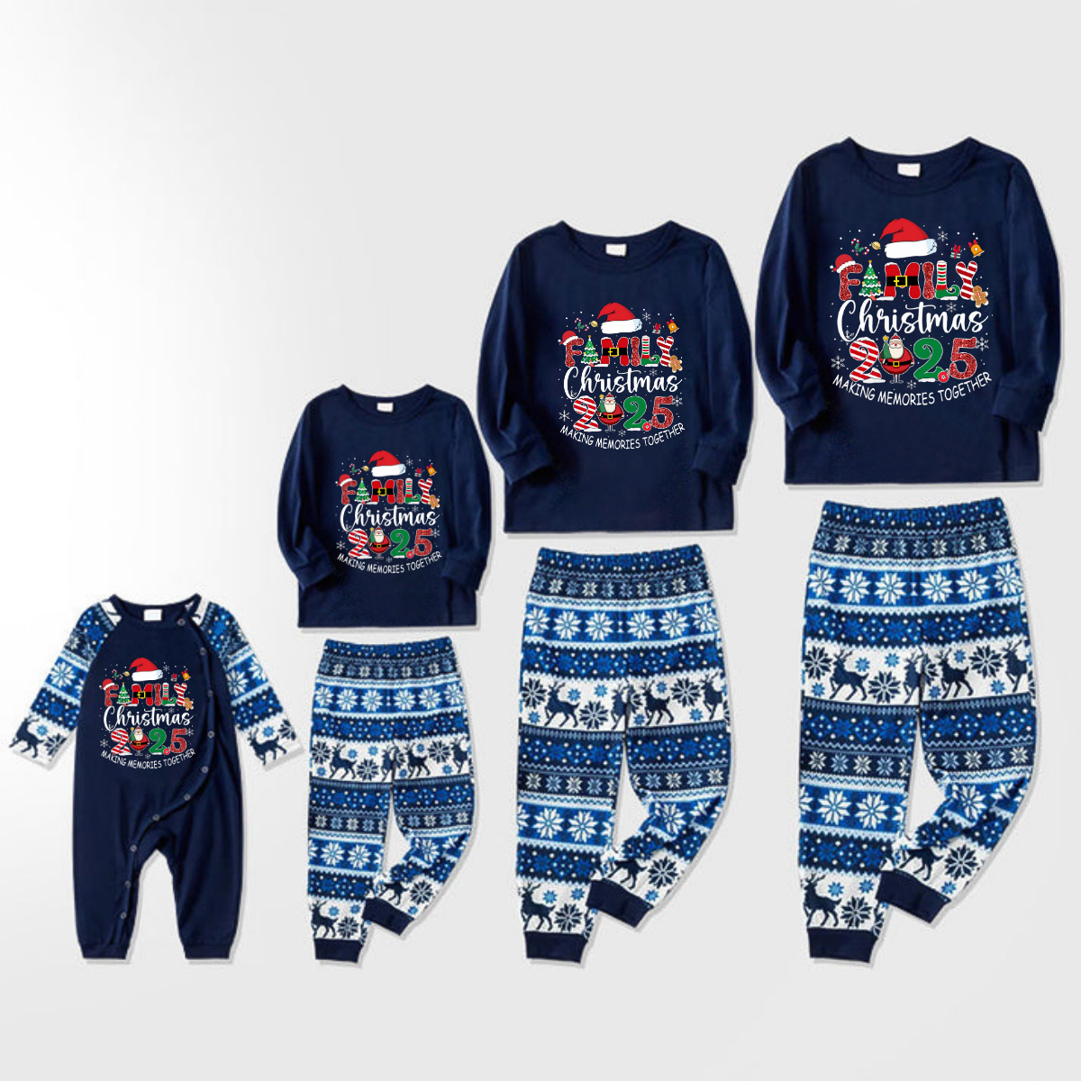 Joyful Blue Christmas Pajamas Set With "Family Christmas 2025 Making Memories Together" Text Print
