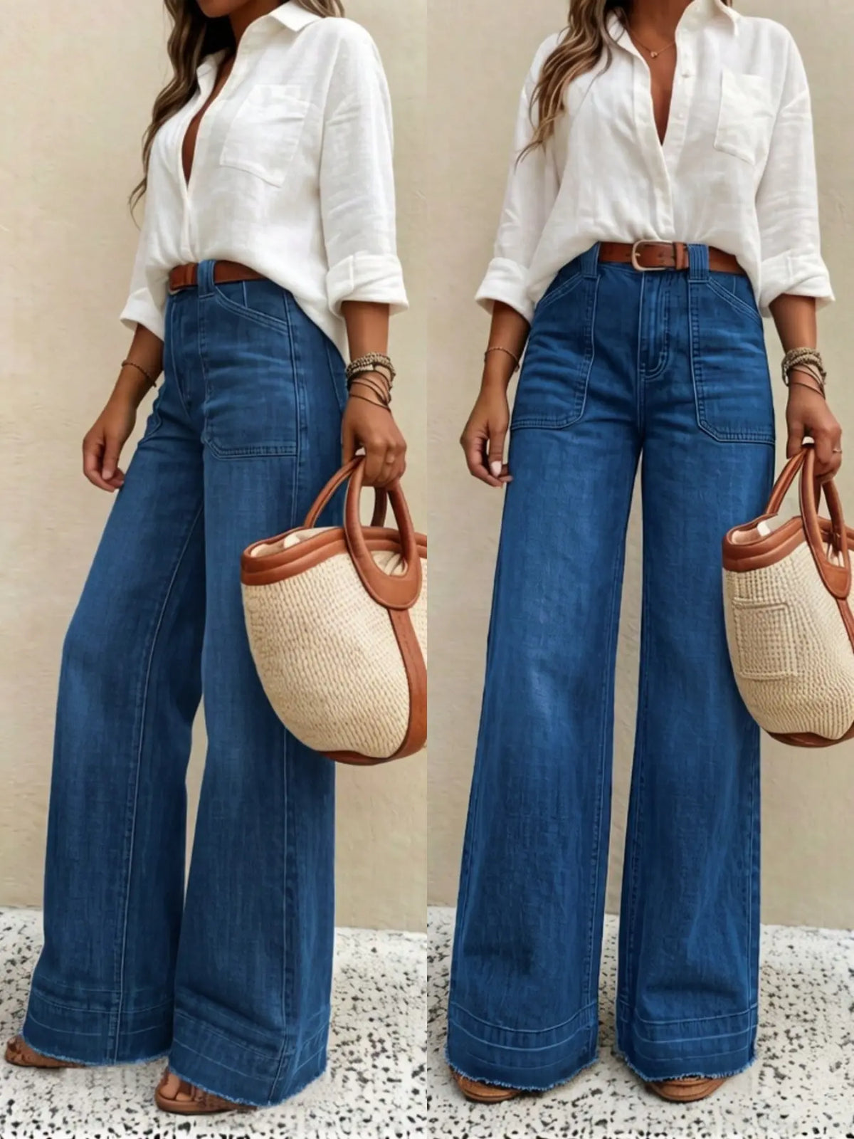 Women's Elastic Jeans, Vintage Washed Wide Leg, High Waist Slimming, Casual Daily Wear, No Belt Included, Loose-Fitting, All Seasons