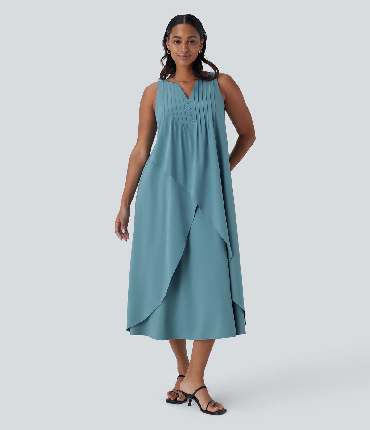 BreezefulTM V Neck Sleeveless Layered Flowy Quick Dry Midi Casual Dress