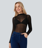 Sheer Mesh Mock-neck Snap Casual Bodysuit